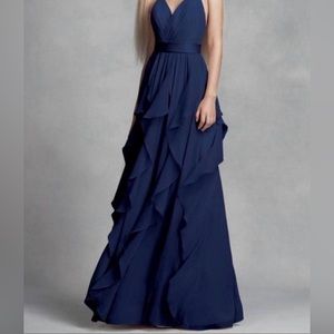 White by Vera Wang Long Chiffon Halter Cascading Bridesmaid Dress in Midnight